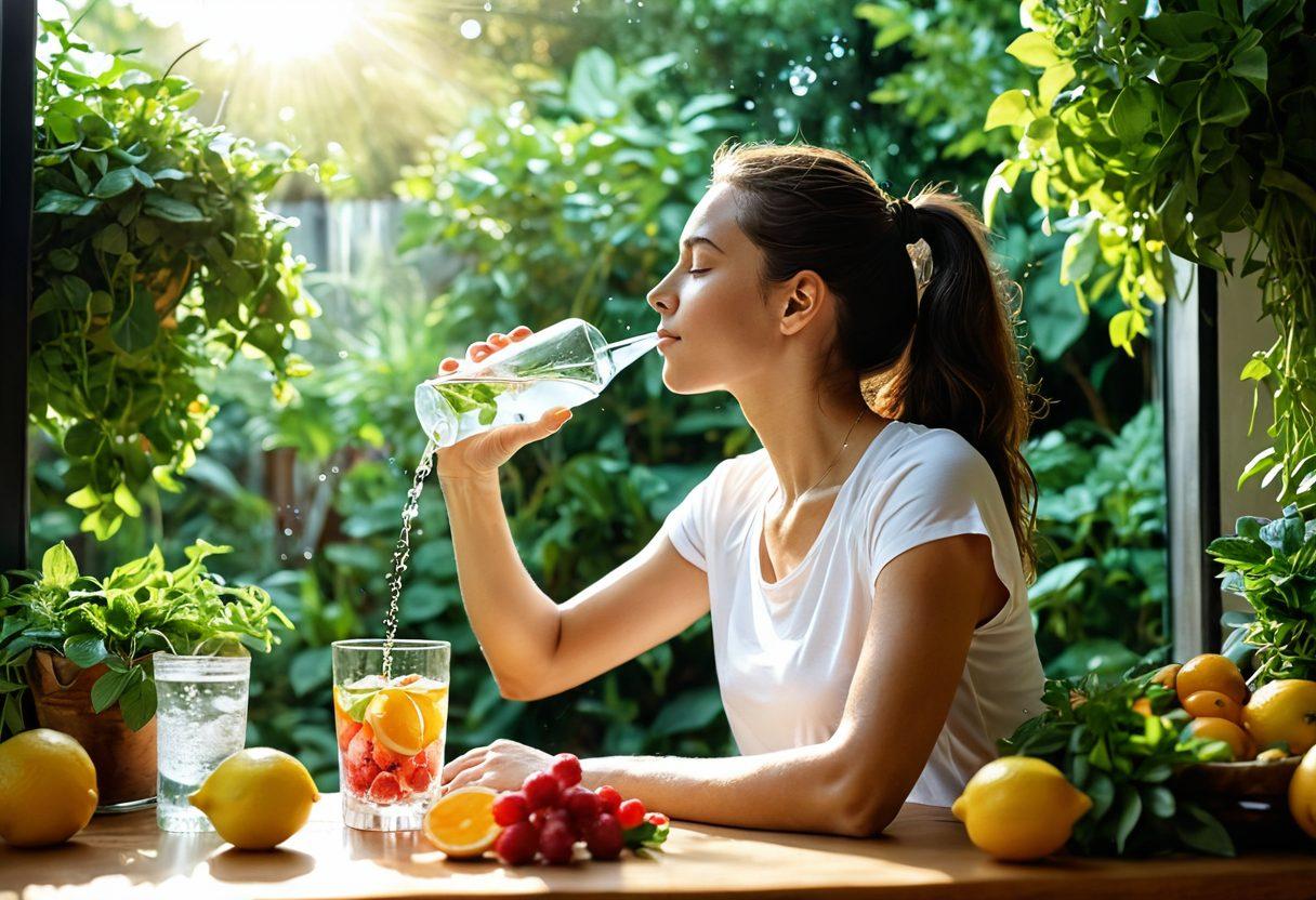 A serene scene of a person joyfully sipping water from a beautifully crafted glass, surrounded by vibrant fruits and herbs like mint and lemon. Sunlight filters through lush greenery, creating a warm, inviting atmosphere. Include playful droplets of water splashing around to symbolize freshness and happiness. The background should showcase a balanced lifestyle with hints of yoga mats and healthy snacks. super-realistic. vibrant colors. natural lighting.
