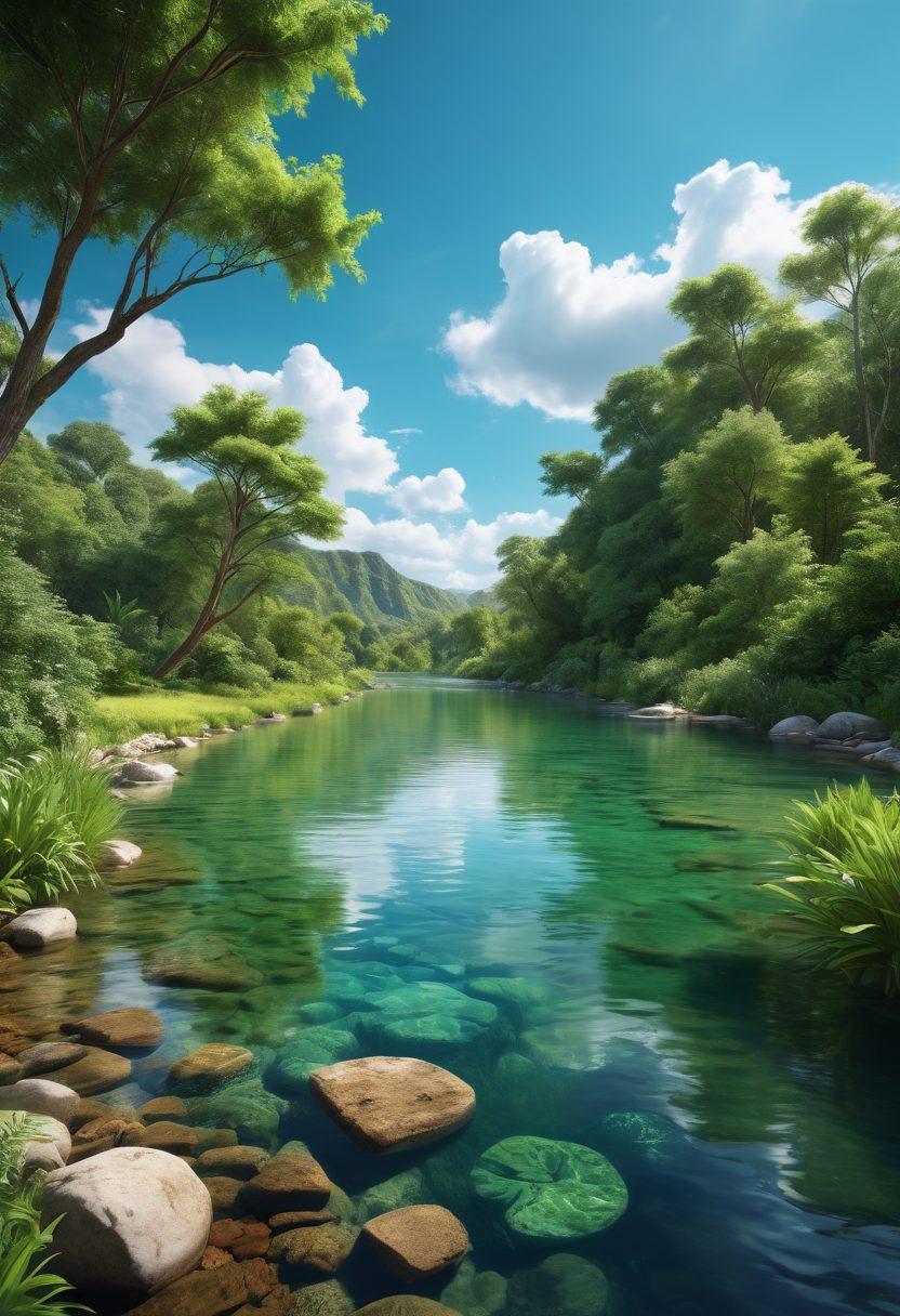 A serene water scene depicting a lush, green landscape with a crystal-clear river flowing gently, symbolizing sustainable water practices. Incorporate diverse individuals using eco-friendly techniques to collect water, surrounded by vegetation and wildlife, showcasing harmony with nature. The sky should be bright with fluffy clouds to evoke a feeling of wellness and tranquility. super-realistic. vibrant colors. nature-themed.