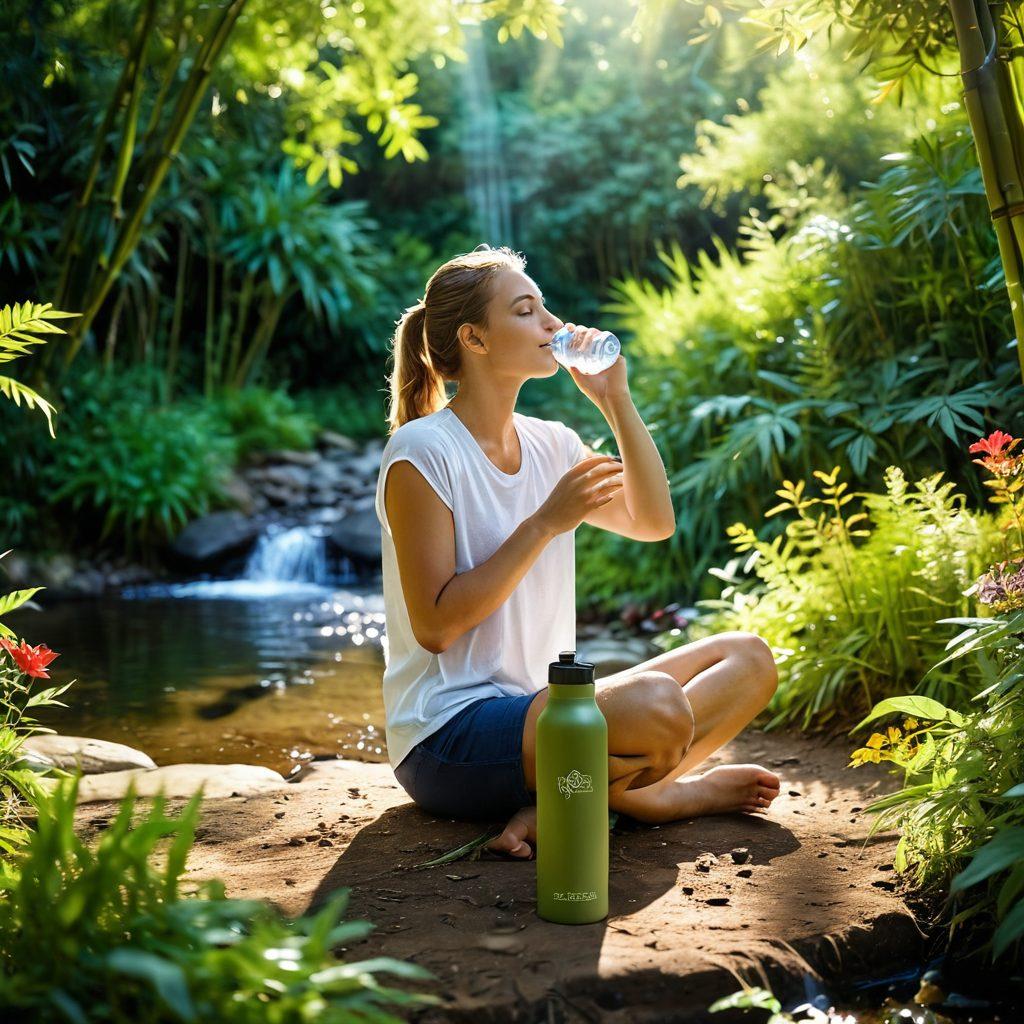 A serene outdoor setting with a person sipping from a reusable bamboo water bottle, surrounded by lush greenery and colorful wildflowers. The sunlight filters through the leaves, creating a warm and inviting atmosphere. Include a small stream flowing nearby with infographics illustrating the benefits of eco-friendly hydration. super-realistic. vibrant colors. natural lighting.